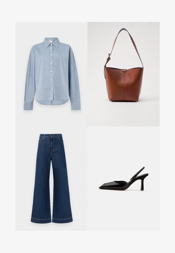 Gai zilas pogām augšējā krekls vieglā audumā, ar izteikta tipa apkakli, garām piedurknēm un izliektu apakšmalu. Klasiski pogu detaļas.; Plati ziladenim bikses ar augstu jostasvietu, kas aprīkotas ar pogas aizdari, jostu cilpām un nelieliem šuvju detalizējumiem ap kabatām un malām.; Melnas ādas slingback kurpes ar norādītu purngalu, minimālisma dizainu, plānu potītes jostu un elegantām stiletto papēžiem. Gluda tekstūra.; Brūna ādas plecu soma ar izliekta formu, gludu tekstūru un vienu plānu siksnu. Iekļauj subtilu šuvumu un mazu logotipa detaļu.
