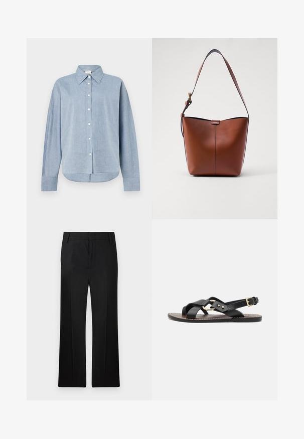 Šviesiai mėlynas mygtukų užsegamas marškinis, pagamintas iš lengvos medžiagos, su smailiu apykakle, ilgomis rankovėmis ir išlenktu hemline. Klasikiniai mygtukų detalės.; Juodi kelnės, tiesaus kirpimo, pagamintos iš lygaus audinio. Sukurta su subtiliomis priekinėmis raukšlėmis ir plokščiu liemeniu su diržo kilputėmis.; Juodas odinis šlepetes su kryžminiais dirželiais ir auksinės spalvos apskritimu. Lygus padas su sagtimi ant kulkšnies.; Ruda odinė petinė rankinė su kreivam formu, lygia tekstūra ir viena plona juosta. Yra švelni siūlė ir mažas logotipo elementas.