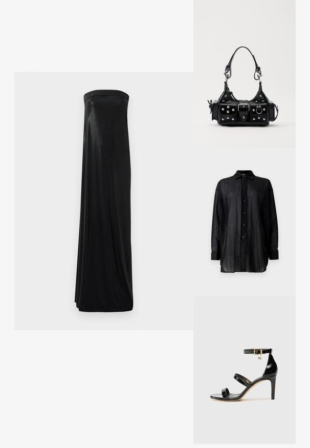 Juodas ilgomis rankovėmis marškinis su sagų apykakle, pagamintas iš lengvos, tekstūruotos medžiagos ir turintis vertikalių juostų raštą.; Juoda maxi suknelė be petnešėlių, pagaminta iš glotnaus, blizgaus audinio. Suknelė turi prigludusią viršūnę ir laisvą siluetą, siekiantį grindis, be jokių puošmenų.; Juodas patentuotas odinis sandalai su trimis diržais, kulkšnies sagtimi ir 4 colių stiletto kulnu. Yra aukso detalės ir logotipo žavesys.; Juodas odinis rankinukas su kreiviu dizainu, su sidabro spalvos knopkėmis, užsegimu ir dviem šoninėmis kišenėmis. Reguliuojama dirželis nešimui.