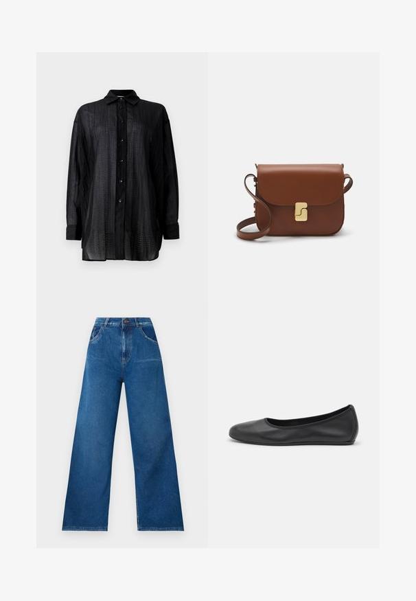 Black long-sleeve shirt with a button-down collar, featuring a lightweight, textured fabric and vertical stripe pattern.; Wide-leg jeans in dark blue denim with a high waist, featuring front and back pockets, and contrast stitching details.; Black leather ballet flat with a rounded toe, smooth texture, minimal stitching detail, and a flexible sole design.; Brown leather handbag with a flap closure, gold-tone hardware, a shoulder strap, and a smooth texture. Compact rectangular shape.
