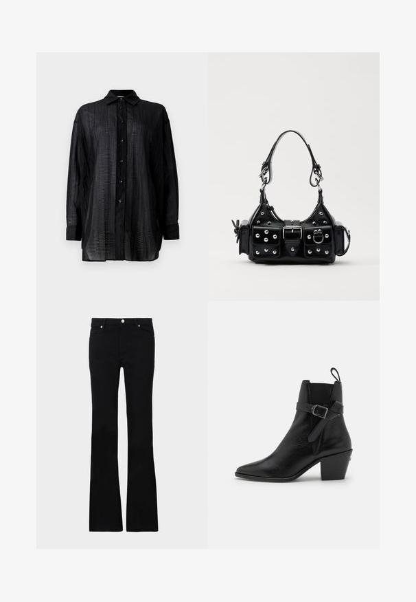 Černá halenka s dlouhým rukávem a límečkem na knoflíky, vyrobená z lehké textura látky a s vertikálním pruhem.; Černé zvonové džíny vyrobené z denimu, s dvěma předními kapsami, zapínáním na knoflík a hladkou strukturou. Na švech je viditelné charakteristické prošívání.; Černá kožená kotníková bota s špičatou špicí, blokovým podpatkem a postranním detailem na přezku. Má hladkou texturu a poutko vzadu.; Černá kožená kabelka s křivkovým designem, zdobená stříbrnými hřebíky, s přezkou a dvěma bočními kapsami. Nastavitelný popruh pro různé možnosti nošení.