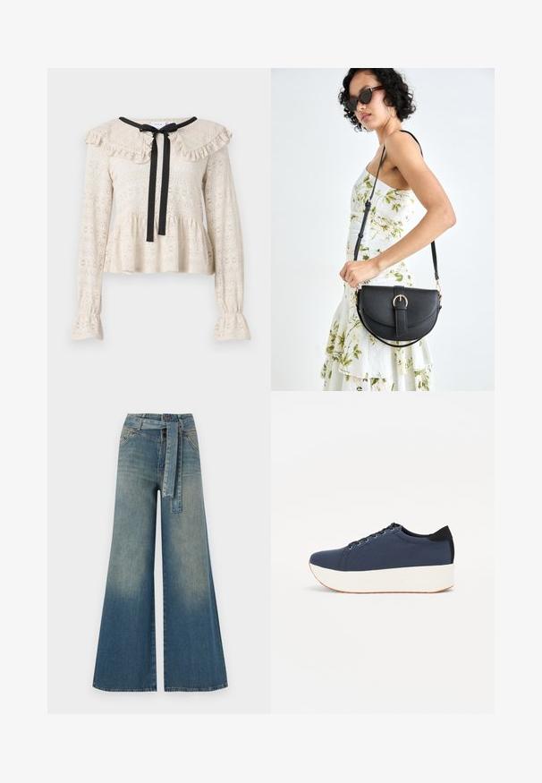 Beige blonde bluse med en bølget krave og lange ærmer. Har en sort sløjfe ved halsudskæringen og en udskåret peplum kant.; Bredbens-denimbukser med en lys til mørk blå gradient, høj talje, bælteløkker og et matchende stofbælte. Tekstureret denimfinish.; Mørkeblå sneakers med en struktureret stofoverdel, hvid platformssål, rund tå og sort hælakkent. Har seks snøreøjer til snørebånd.; Sort læderhåndtaske med en buet form, aftagelig rem og guldfinish. Tasken har en klap med en spænde detalje.