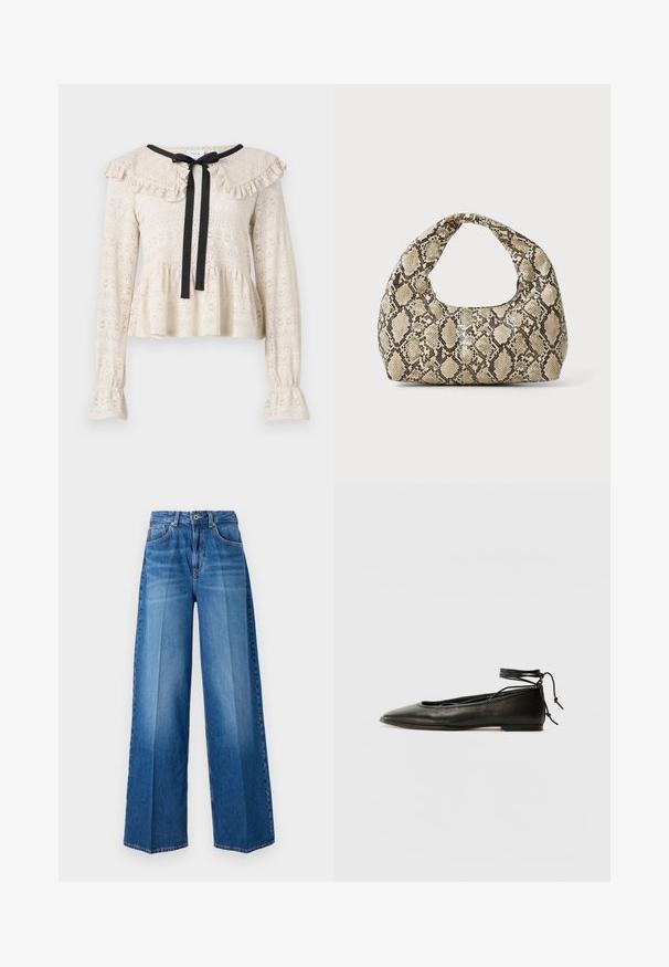 Bēša mežģīņu topiņš ar ruffles apkakli un garām piedurknēm. Iekļauj melnu loku pie kakla un izplestu pepluma apakšmalu.; Platas kāju džinsu bikses vidēji zilā tonī, ar klasisku piecu kabatu dizainu, jostu cilpiņām un rāvējslēdzēja aizdari.; Melnas ādas baleta kurpes ar smailu purngalu, potītes saitēm un plakanu zoli, kas izceļas ar gludu tekstūru un minimālistisku dizainu.; Čūsku raksta soma ar izliekto rokturi. Izgatavota no teksturētiem, bēšiem un brūniem materiāliem, ar izteiksmīgu dimanta rakstu.
