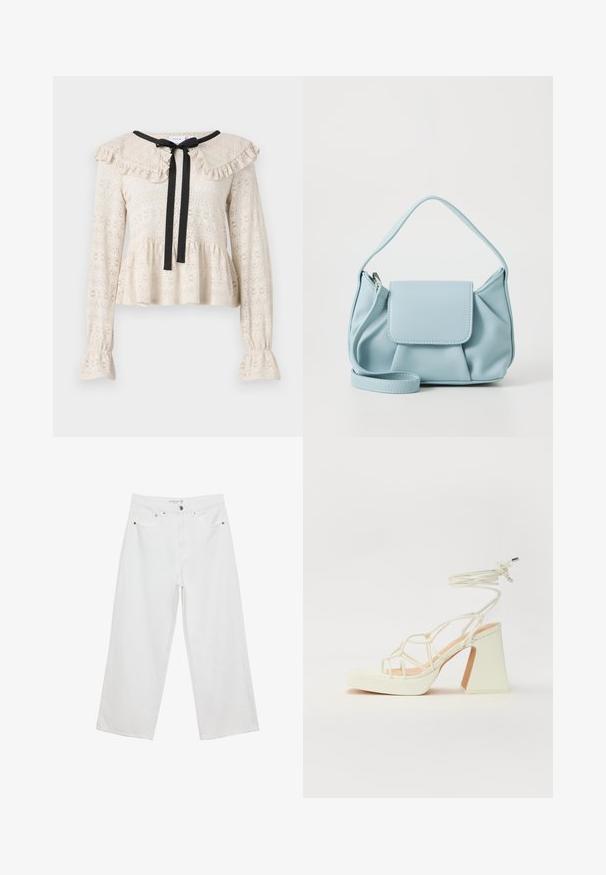 Top in pizzo beige con colletto arricciato e maniche lunghe. Presenta un fiocco nero all'aita e un'orlo a peplo svasato.; Jeans bianchi a gamba larga realizzati in denim con vita alta, dotati di cinque tasche e dettagli in metallo. Texture liscia, senza motivi visibili.; Sandalo bianco con tacco alto, caratterizzato da un design a cinturini e un legaccio alla caviglia. Texture liscia con una piattaforma frontale per un'altezza aggiuntiva.; Borsa a mano in pelle blu chiaro con manico superiore, tasca con pattina frontale e tracolla rimovibile su sfondo bianco.