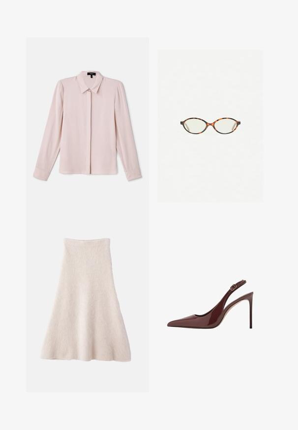 Světle růžová halenka s dlouhým rukávem a límečkem, vpředu se zapínáním na knoflíky a jemnou texturou. Má decentní plisek a rukávy s manžetami.; Světlé béžové sukně ve tvaru A vyrobená z měkké, texturované látky, má hladký pas a splývavou siluetu.; Tmavě hnědá lakovaná kožená lodička na vysokém podpatku se špičatou špičkou, nastavitelným popruhem a štíhlým jehlovým podpatkem.; Želvovinové brýle s oválnými čočkami a hladkým, jemným povrchem. Má tenké bočnice s jemným zakřivením v chrámcích. Čiré čočky.