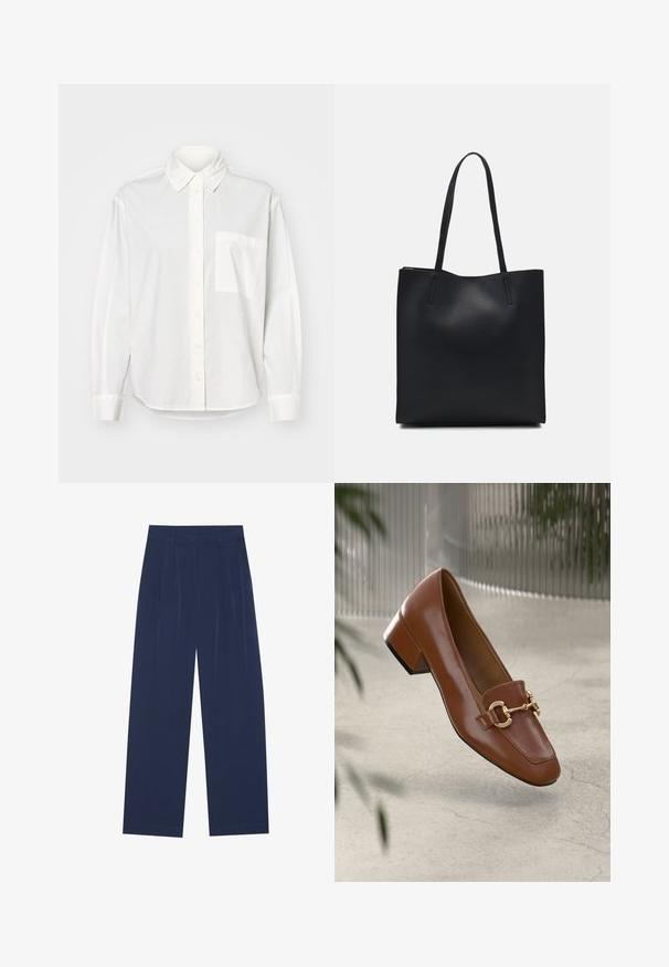 Camisa blanca de manga larga con cuello abotonado, cierre frontal de botones y un bolsillo en el pecho izquierdo. Confeccionada en una tela suave y con un corte relajado.; Pantalones de pierna ancha en azul marino, fabricados en un tejido suave, que cuentan con pliegues frontales, una textura lisa y un corte recto sin bolsillos visibles.; Mocasines de charol marrón con punta cuadrada, acento de cadena metálica y tacón bajo; textura suave, diseño minimalista.; Bolso tote de cuero negro con textura lisa, forma rectangular y dos asas largas. Sin herrajes ni adornos visibles.