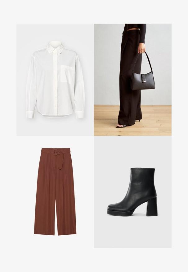 Cămașă albă cu mânecă lungă, cu guler tip button-down, închidere frontală cu nasturi și buzunar pe pieptul stâng. Fabricată dintr-un material neted, cu o croială lejeră.; Pantaloni evazați din țesătură maro, prevăzuți cu un curea cu cataramă pătrată, design pliat și textură netedă.; Botină din piele neagră, cu toc pătrat și talpă platformă, văzută din lateral pe un fundal alb simplu.; Genți negre cu o formă structurată, textură netedă și un închizător metalic. Asortată cu pantaloni negri largi și sandale cu vârf deschis pe un podea din lemn.