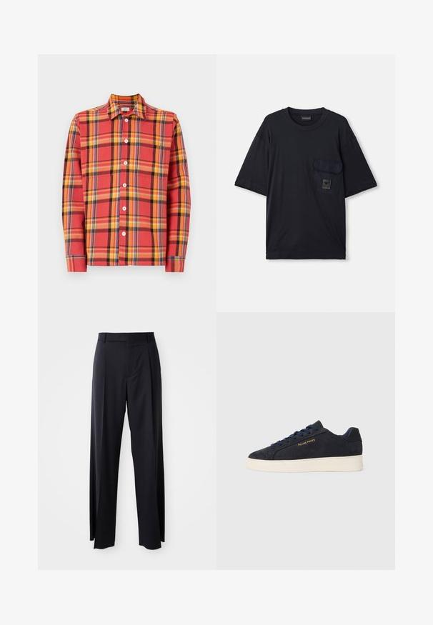 Camisa de botão em padrão xadrez vermelho e amarelo, com mangas longas, apresentando botões brancos e um colarinho clássico. Tecido de algodão suave com textura visível.; T-shirt preto de manga curta com decote redondo e um bolso com aba no lado esquerdo do peito, apresentando um pequeno patch retangular de logotipo.; Calças pretas de cintura alta, com corte amplo, feitas de um tecido suave. Apresentam pregas frontais e passadores para cinto. Design minimalista, sem hardware visível.; Sapatilhas baixas em camurça azul-marinho com sola branca, atacadores azuis-marinho e o logótipo "Filling Pieces" em dourado na lateral.