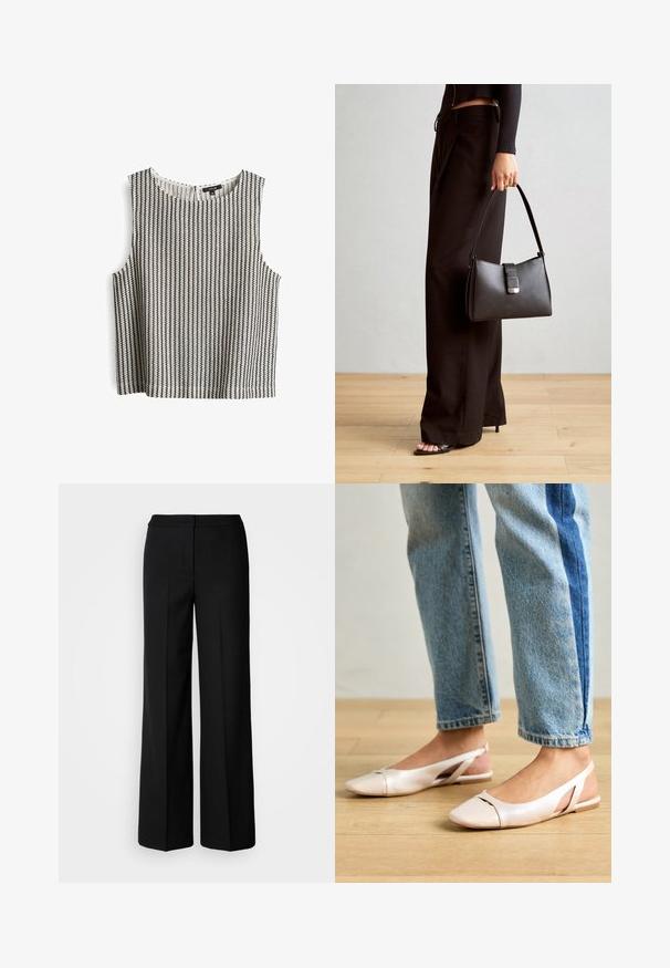 Ärmelloses Oberteil in schwarz-weißen vertikalen Streifen, mit einem runden Halsausschnitt und einem lockeren Schnitt. Hergestellt aus strukturiertem Stoff mit einer glatten Oberfläche.; Schwarze weit geschnittene Hosen aus glattem Stoff mit hoher Taille, taillierten Nähten und minimalistischer Gestaltung. Keine sichtbaren Beschläge oder Taschen.; Blassrosa Slingback-Ballerinas mit spitzem Punkt, aus einem glatten, lederähnlichen Material. Mit Ausschnitten an den Seiten und einem flachen Absatz.; Schwarze Handtasche mit strukturierter Form, glatter Textur und einem metallischen Verschluss. Kombiniert mit weiten schwarzen Hosen und offenen Sandalen auf einem Holzboden.