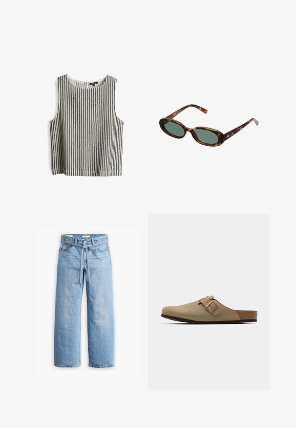 Ärmelloses Oberteil in schwarz-weißen vertikalen Streifen, mit einem runden Halsausschnitt und einem lockeren Schnitt. Hergestellt aus strukturiertem Stoff mit einer glatten Oberfläche.; Hellblaue Jeans im weiten Schnitt mit hoher Taille, Knopf- und Reißverschluss sowie einer Kordelzugdetails an der Taille. Roh geschnittener Saum.; Beige Clogs mit einer abgerundeten Zehenpartie, verstellbarem Schnallenakzent und Korkfußbett. Strukturierte Oberfläche mit einer schwarzen Gummisohle für besseren Halt.; Schildpatt-Sonnenbrille mit ovalen Rahmen und grünen Gläsern. Verfügt über dünne Bügel mit einem metallischen Akzent in der Nähe der Scharniere.
