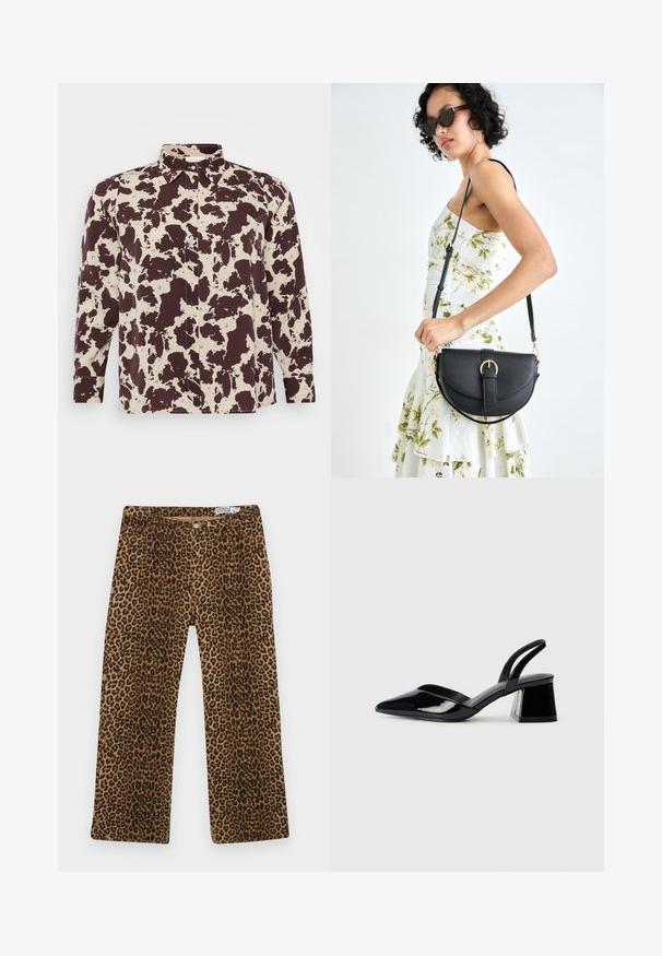 Camisa com padrão castanho e creme, de colarinho e mangas longas, com fecho de botão e textura de tecido suave.; Calças com padrão de estampado de leopardo apresentando um design em linha reta e um estilo clássico de cinco bolsos. Feitas de um tecido de mistura de algodão.; Sandy em verniz preto com salto slingback, ponta afilada e salto geométrico. Apresenta um design elegante e minimalista com textura suave.; Bolsa de couro preta com forma curva, alça destacável e detalhes em dourado. A bolsa possui uma aba com detalhe de fivela.