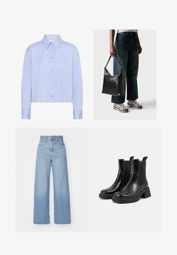 Light blue cropped button-up shirt with a collared neckline, long sleeves, and clear buttons. Subtle logo detail on the chest.; Light blue high-waist wide-leg jeans with front button and zip closure, front and back pockets, on a white background.; Black leather Chelsea boots with a chunky heel, elastic side panels, and contrasting white stitching. Textured finish.; Black leather shoulder bag with a smooth texture and adjustable strap, paired with faded wide-leg jeans and athletic sneakers.