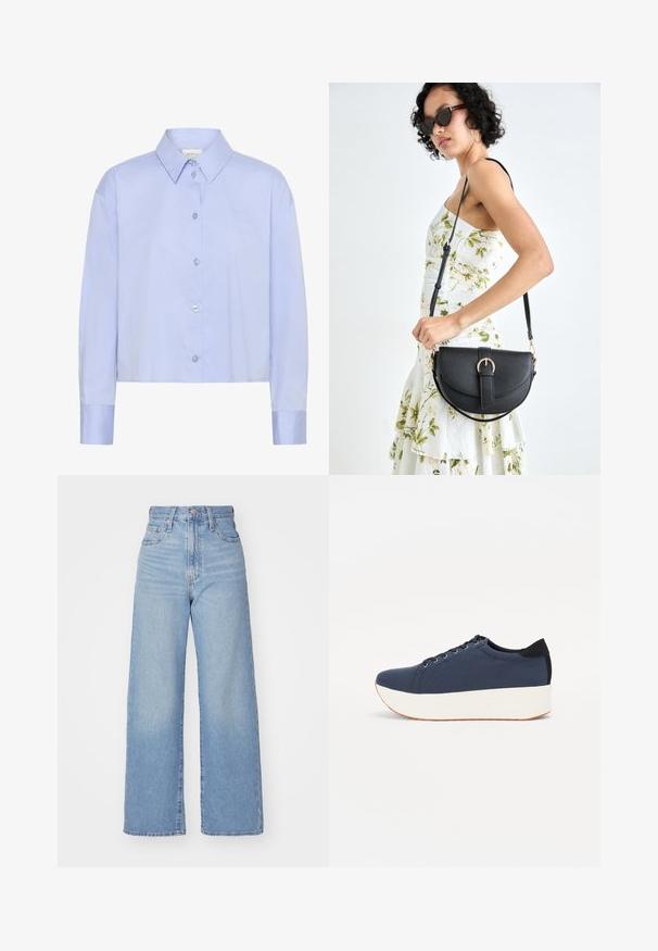 Light blue cropped button-up shirt with a collared neckline, long sleeves, and clear buttons. Subtle logo detail on the chest.; Light blue high-waist wide-leg jeans with front button and zip closure, front and back pockets, on a white background.; Navy blue sneaker with a textured fabric upper, white platform sole, rounded toe, and black heel accent. Features six eyelets for laces.; Black leather handbag with a curved shape, detachable strap, and gold hardware. The bag features a flap with a buckle detail.