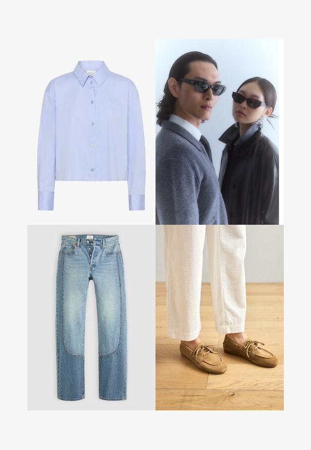 Light blue cropped button-up shirt with a collared neckline, long sleeves, and clear buttons. Subtle logo detail on the chest.; Light blue denim jeans with a straight, loose fit, featuring contrasting panel details and a five-pocket design. Button fly closure.; Brown suede boat shoes with laces, featuring a rounded toe and stitched accents. Worn with white corduroy pants in a wooden setting.; Sunglasses with angular black frames on model with a gray sweater, showcasing textured knit and a black leather jacket worn by another model.