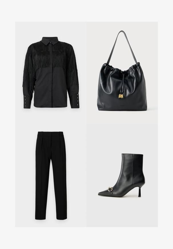 Blusa preta com detalhes em franjas nos ombros e nas costas, com fecho frontal por botões e mangas longas. Botões semelhantes a pérolas nos punhos.; Calças pretas ajustadas com um corte direito, frente plissada, tecido polido e cintura média. Sem bolsos visíveis ou detalhes em metal.; Bota preta de couro até ao tornozelo com bico apontado, salto slim de altura média e detalhe em fivela prateada de lado, contra um fundo simples.; Mala de cordão em couro preto com uma textura suave, topo franzido e discretos acessórios em dourado. Apresenta uma única alça resistente e um logótipo embossado.