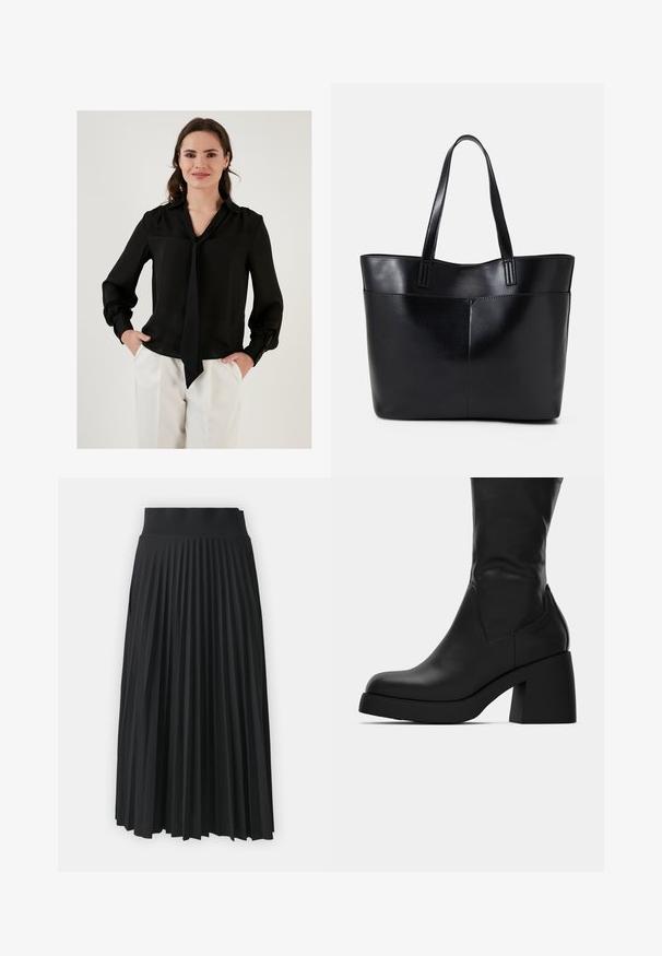 Sort silke bluse med lange ærmer, en V-halsudskæring og en bindedetalje ved kraven. Har samlede manchetter og en glat tekstur.; Sort plisseret nederdel med en bredtalje, prydet med ensartede lodrette folder. Glat tekstur med et svævende design.; Sort læderstøvle til midt på læggen med kraftig blokhæl og rund tå, vist fra siden på hvid baggrund.; Sort læder tote taske med to lange håndtag, en glat tekstur og en struktureret form. Har en forlommem for ekstra opbevaring.