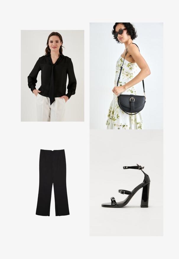 Sort silke bluse med lange ærmer, en V-halsudskæring og en bindedetalje ved kraven. Har samlede manchetter og en glat tekstur.; Sorte bukser med lige pasform, der har frontlommer og slidser i kanten. Lavet af blødt, glat stof. Velegnet til forskellige anledninger.; Sorte patenterede hælsandaler med firkantet tå, ankelremme og sølvspænder. Har en chunky blokHæl for stabilitet.; Sort læderhåndtaske med en buet form, aftagelig rem og guldfinish. Tasken har en klap med en spænde detalje.