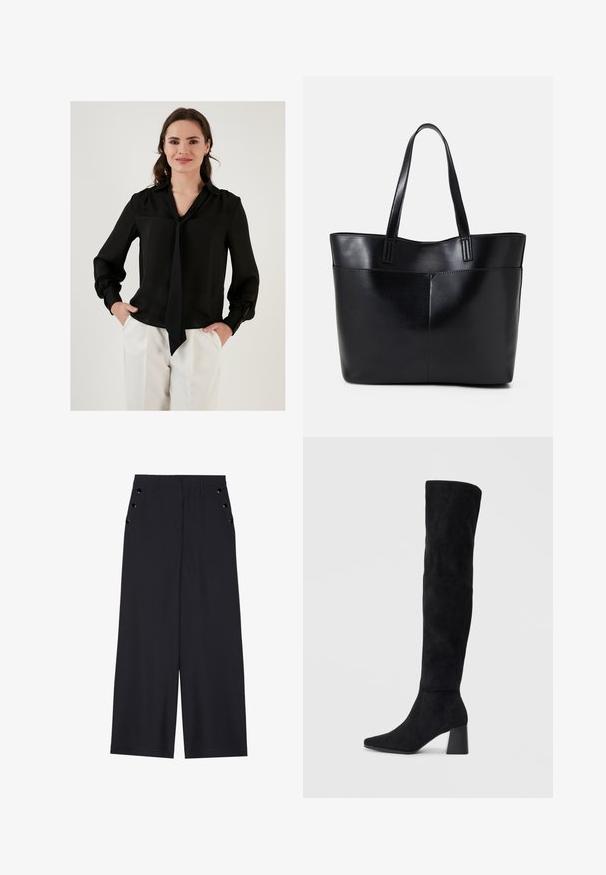 Czarna jedwabna bluzka z długimi rękawami, dekoltem w kształcie litery V oraz detalem w postaci wstążki przy kołnierzu. Posiada marszczone mankiety oraz gładką fakturę.; Spodnie o szerokich nogawkach w ciemnonawowej tkaninie, charakteryzujące się gładką teksturą, plisami z przodu oraz dekoracyjnymi oczkami w kolorze złotym na kieszeniach bocznych.; Czarne zamszowe botki do kolan na kwadratowym obcasie, z wydłużonym noskiem i gładkim, bezszwowym wzorem na jednolitym jasnym tle.; Czarna skórzana torba na ramię z dwoma długimi uchwytami, gładką teksturą i sztywną formą. Posiada przednią kieszeń dla dodatkowego przechowywania.