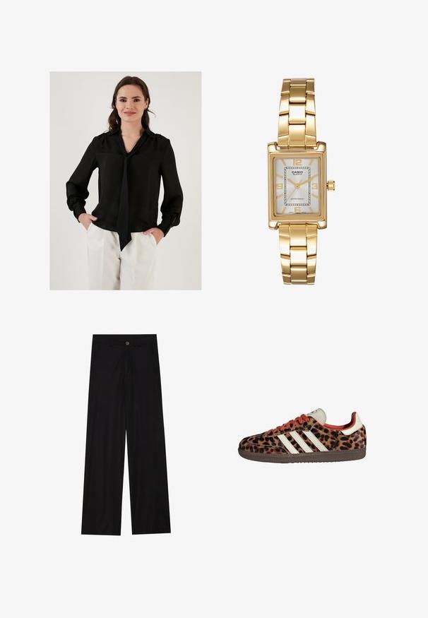Sort silke bluse med lange ærmer, en V-halsudskæring og en bindedetalje ved kraven. Har samlede manchetter og en glat tekstur.; Bredde ben sorte bukser lavet af et glat stof, med forlommer og knaplukning i taljen. Minimalistisk design uden mønstre.; Sko i leopardmønster med ruskindsmateriale, røde snørebånd og tre hvide striber på siden. Har en cremefarvet tunge og en brun sål.; Guldtonet rektangulær armbåndsur med en hvid skive, sølvtonede time markører og et holdbart metalled. Vandafvisende funktion inkluderet.