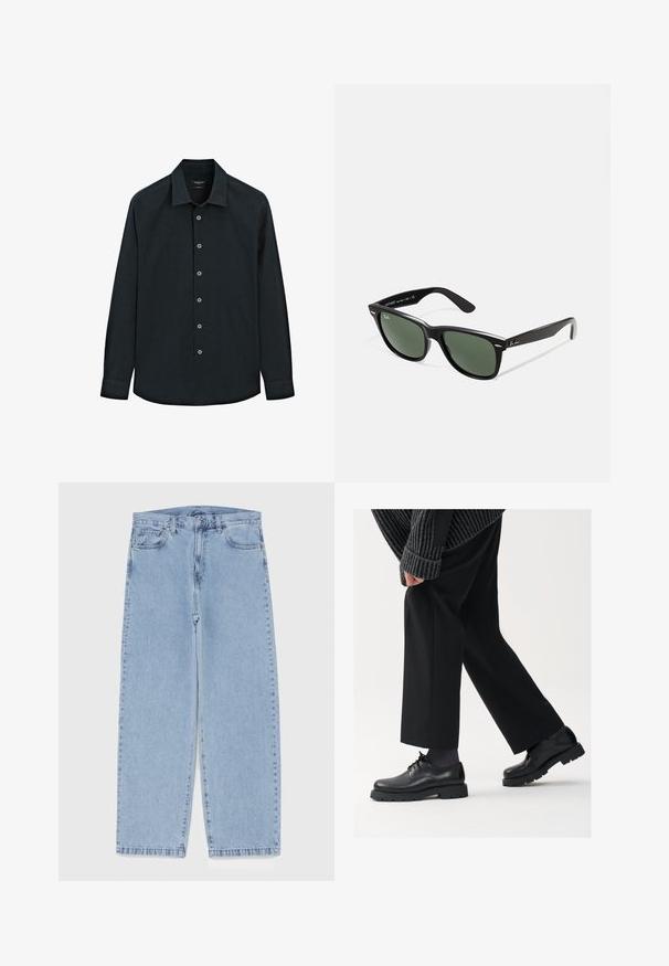 Camicia nera a maniche lunghe, con colletto, sette bottoni davanti e polsini, esposta su sfondo bianco.; Jeans in denim azzurro chiaro con design a gamba dritta, caratterizzati da una vita media, cinque tasche e chiusura con bottone e zip.; Scarpe in pelle nera con punta arrotondata, design con lacci e suola spessa e texture. Indossate con pantaloni neri su misura e un maglione a coste.; Occhiali da sole in plastica nera con lenti verdi, montatura quadrata, dettaglio argento sulla parte superiore e steli con texture. Marchio indicato sulla parte interna dello stelo.; Orologio al quarzo con bracciale in acciaio inossidabile silver, quadrante rotondo nero, indici delle ore bianchi e display della data alle 3. Resistente all'acqua fino a 50 m.