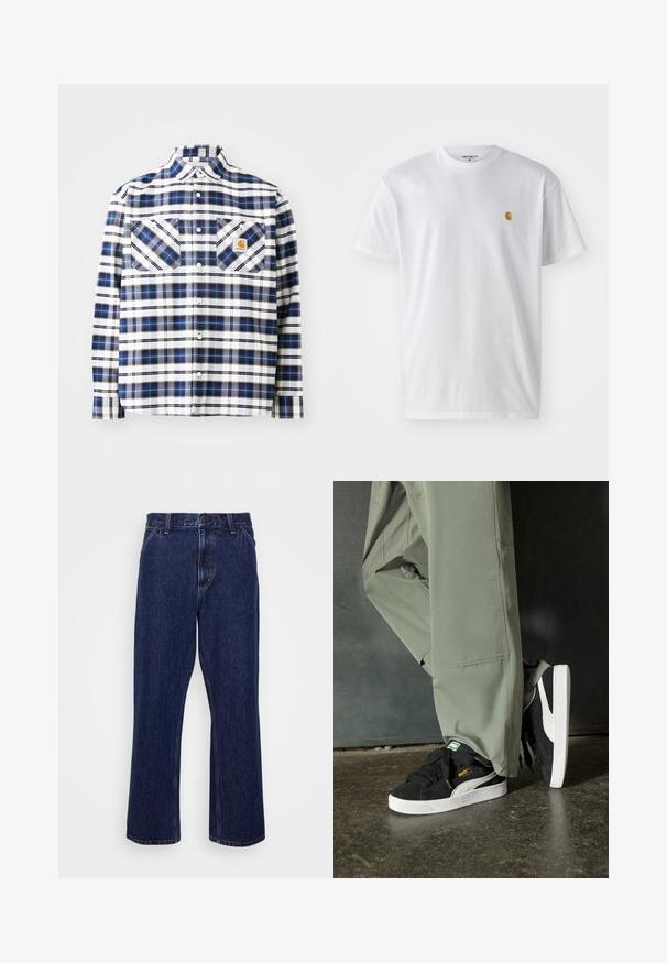 Camisa de cuadros en tonos azul y blanco, con dos bolsillos frontales, cierre de botones y cuello doblado. Confeccionada en una tela ligera.; Camiseta de algodón blanca con mangas cortas, cuello redondo, que presenta un pequeño logo dorado en la parte izquierda del pecho. Textura suave y corte regular.; Jeans de mezclilla azul oscuro con un diseño de pierna recta, que cuentan con un cierre de botón, estilo de cinco bolsillos y detalles de costura sutiles.; Zapatillas de ante negras con suelas de goma blancas y rayas laterales, combinadas con pantalones cargo verde claro, de pie sobre una superficie oscura texturizada.