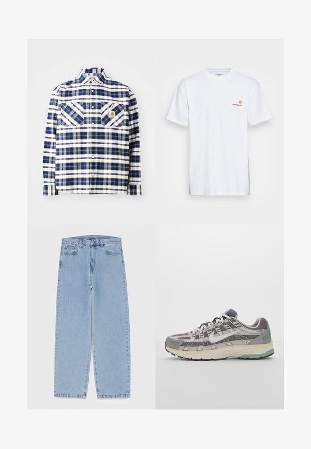 Rutete skjorte i blå og hvite nyanser, med to frontlommer, knappelukking og krage med brett. Laget av et lett stoff.; Hvit bomull t-skjorte med korte ermer. Designet med en liten logo i oransje og mørkerød på venstre bryst. Har en klassisk rund hals.; Lyseblå denimjeans med rett ben-design, med mid-rise liv, fem lommer og knap og lynlås lukning.; Grå treningssko med overdel i nett og semsket skinn, hvite detaljer, en polstret såle, og et særpreget design med reflekterende elementer.