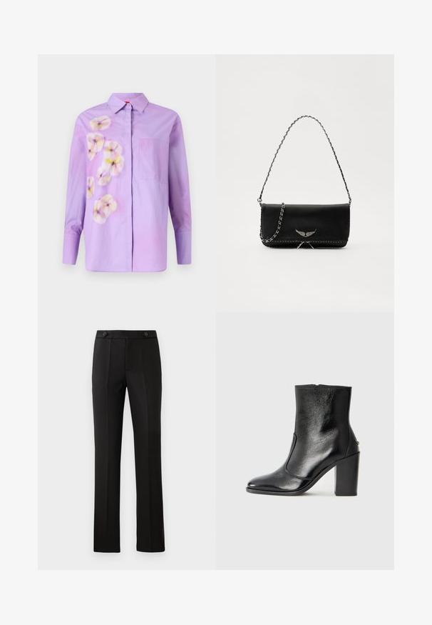Lila Hemd mit Knopfleiste, das über ein Blumenmuster in sanften Farbtönen verfügt. Mit einer einzelnen Brusttasche und langen Ärmeln. Aus glattem Baumwollstoff.; Schwarze maßgeschneiderte Hose mit geradem Bein, zwei vorderen Taschen, einem Knopfverschluss und unteren Falten vorne. Glatte Stofftextur.; Schwarze Leder-Stiefelette mit glatter Textur, spitzem Fuß und klobigem hohen Absatz. Verfügt über eine seitliche Öffnung und ein minimalistisches Design.; Schwarze Lederhandtasche mit einem silbernen Kettenriemen, verziert mit dekorativen Flügelakzenten und weißen Nähten entlang der unteren Naht.