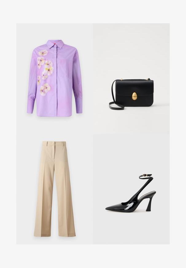 Lilakast nööbitav särk, millel on pehmete toonide lilleline muster, ühes rinna väikese taskuga ja pikad varrukad. Sile puuvillane hõng.; Kreemikad laiad püksid, mis on valmistatud siledast kangast, millel on tasapinnaline esiosa koos voldikutega, lukuga esiosa ja vöökohale silmused. Üldine puhas istuvus.; Mustad läikivad patendiga slingback-kõrged kontsad, millel on terav põlv ja reguleeritav pahkluu rihm, ning mõõdukas plokknukk. Sile tekstuur läikiva viimistlusega.; Must kase nahast käekott, millel on struktureeritud ristkülikukujuline kuju. Omab kuldset ovaalset lukku ja õhukest õlavarre rihma. Sile tekstuur.