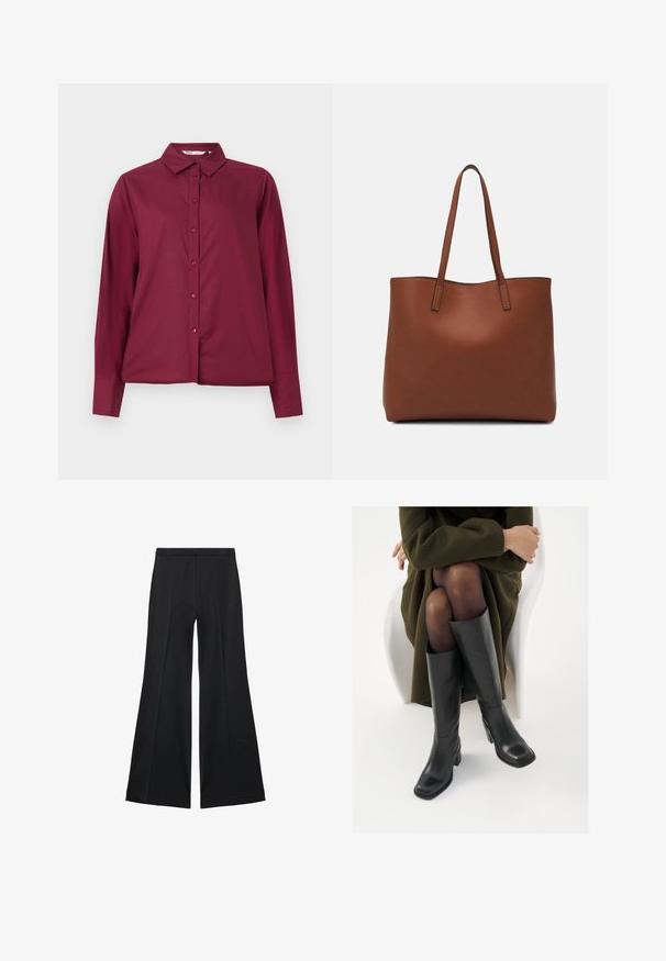 Burgundowa koszula z długim rękawem, uszyta z gładkiego materiału, zapinana na guziki z klasycznym kołnierzykiem. Posiada dopasowane guziki i luźny krój.; Czarne spodnie o szerokich nogawkach z gładką teksturą, z przodu ozdobione zakładkami i skrojonym fasonem. Materiał jest lekki i zwiewny.; Kozaki skórzane do kolan w kolorze czarnym, z kwadratowym noskiem i słupkowym obcasem, pokazane na modelce siedzącej w oliwkowej zielonej kurtce. Gładka tekstura, minimalne detale.; Brązowa skórzana torba tote o gładkiej fakturze, z otwartym wierzchem i dwoma ramiączkami. Charakteryzuje się minimalnym przeszyciem i brakiem widocznych elementów metalowych.