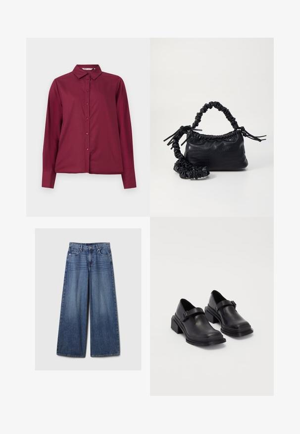 Cămașă burgundă cu mânecă lungă, confecționată dintr-un material neted, cu închidere prin nasturi și guler clasic. Prezintă nasturi asortați și o croială lejeră.; Blugi din denim albastru cu picioare largi, având un finisaj uzat, cu închidere prin buton și fermoar, cinci buzunare și curea.; Pantofi din piele neagră cu vârf rotunjit, talpă plată și o curea cu detaliu de cataramă. Toc gros pentru o stabilitate suplimentară.; Geantă din faux leather neagră cu textură de crocodil, cu partea superioară strânsă și o curea mototolită. Pare moale și compactă ca design.