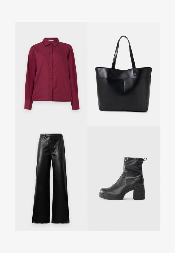 Bordeaux-farbenes Langarmhemd aus glattem Stoff, mit durchgehender Knopfleiste und klassischem Kragen. Verfügt über passende Knöpfe und einen lockeren Schnitt.; Schwarze leichte, weit geschnittene, hochtaillierte Kunstlederhose mit vorderem Knopf, Reißverschluss, Gürtelschlaufen und Seitentaschen auf weißem Hintergrund.; Schwarze Stiefeletten aus glattem Leder mit seitlichem Reißverschluss, klobigem strukturiertem Absatz und runder Zehenform.; Schwarze Leder-Shopper-Tasche mit zwei langen Griffen, einer glatten Textur und einer strukturierten Form. Verfügt über eine Vordertasche für zusätzlichen Stauraum.