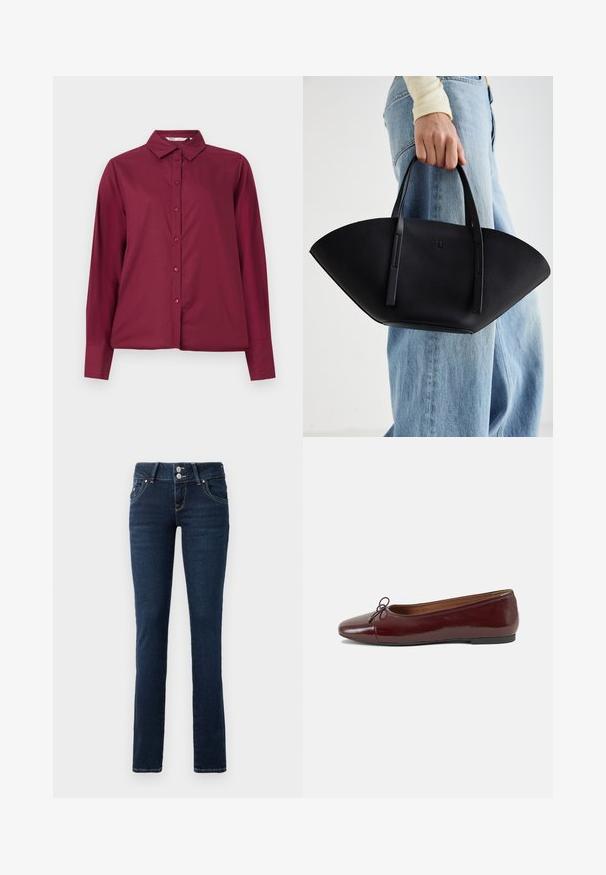 Burgundská košeľa s dlhým rukávom z hladkej látky, s gombíkovým zapínaním vpredu a klasickým golierom. Obsahuje zladené gombíky a voľný strih.; Tmavomodré skinny jeans s dvojitým zapínaním na gombíky, prednými vreckami a žltým prešívaním na bielom pozadí.; Burgundské lakované balerínky s okrúhlou špičkou, malou mašľou na prednej strane a nízkou čiernou gumovou podrážkou. Hladký povrch.; Čierna kožená kabelka s jedinečným tvarom ventilátora, so plochými držadlami. Povrch má štruktúru s brúseným efektom a minimalistic design.