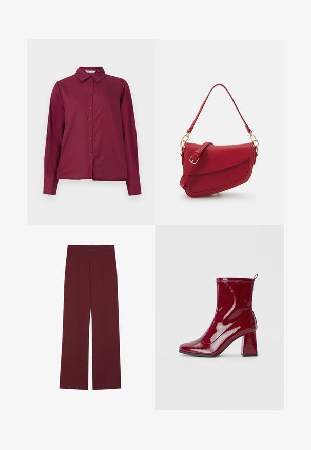 Bordeaux skjorte med lange ermer laget av glatt stoff, med knappestolpe foran og klassisk krage. Har matchende knapper og en avslappet passform.; Burgunderfargede bukser med vid ben-design, med en knaplukking, to sidelommer og frontdetaljer med brett. Glatt stofftekstur.; Burgunderfargede patentlæder ankelstøvler med firkantede hæle, glat tekstur, diskret syninger og en bagsløjfe for nem påtagning.; Rød teksturert skinnskulderveske med lang stropp og gullhardware, med en buet klaffelukking og en strukturert silhuett.