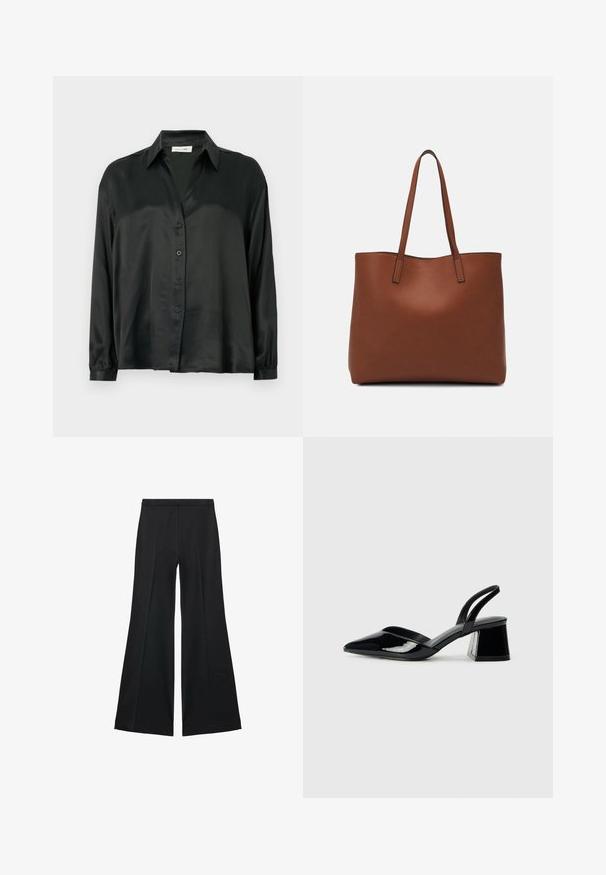 Schwarze Satinschirt mit Knopfleiste, langen Ärmeln mit elastischen Bündchen und klassischem Kragen. Glatte Textur mit minimalistischer Gestaltung.; Schwarze weit geschnittene Hose mit glatter Textur, ausgestattet mit Frontfalten und einem taillierten Design. Der Stoff ist leicht und fließend.; Schwarze Lackleder-Slingback-High Heels mit spitzem Schuh und einem geometrischen Blockabsatz. Verfügt über ein schlankes, minimalistisches Design und eine glatte Textur.; Braune Leder-Tote mit glatter Textur, offenem Oberteil und zwei Schulterriemen. Verfügt über minimale Nähte und keine sichtbaren Beschläge.