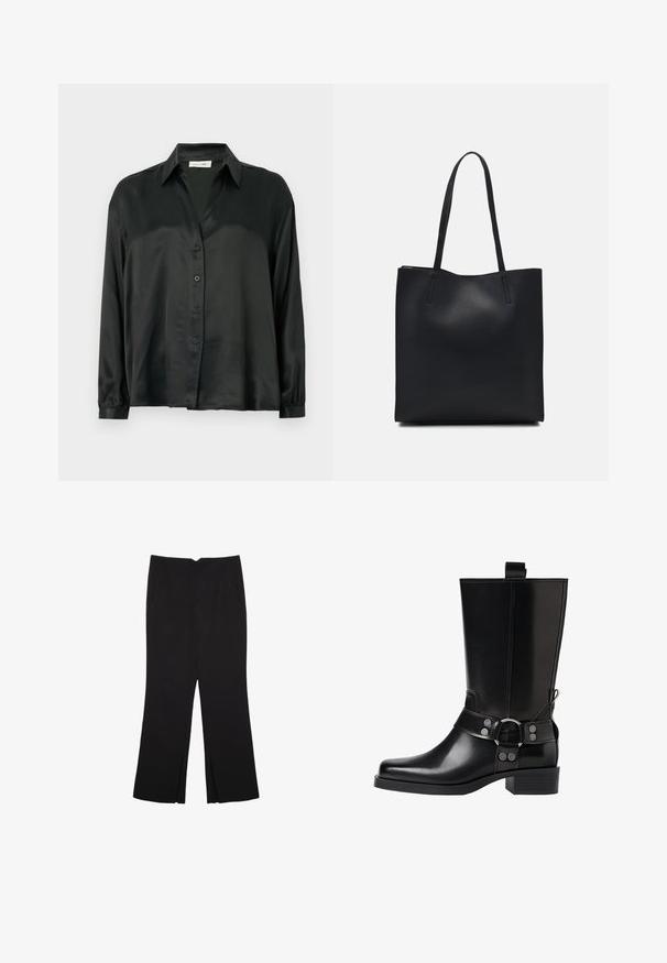 Černá saténová košile s knoflíkovým zapínáním vpředu, dlouhými rukávy se elastickými manžetami a klasickým límcem. Hladká textura s minimalistickým designem.; Černé kalhoty s rovným střihem, s předními kapsami a bočními rozparky na lemu. Vyrobené z jemné, hladké tkaniny. Vhodné na různé příležitosti.; Černá kožená vysoká bunda s špičatou špičkou, stříbrnými sponami a robustní podešví. Obsahuje poutko pro snadné obutí.; Černá kožená taška přes rameno s hladkým povrchem, obdélníkovým tvarem a dvěma dlouhými uchy. Žádné viditelné kování ani ozdoby.