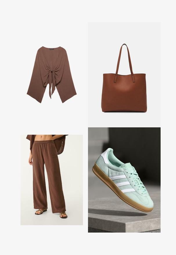 Brown, lightweight, textured top with a loose fit, wide sleeves, and a front knot detail, featuring a round neckline and draped design.; Brown wide-leg pants with a textured fabric, featuring an elastic waistband. Paired with flat, strappy sandals.; Adidas Gazelle sneaker in mint green suede with white accents, lace-up closure, and a gum rubber sole. Features three white stripes.; Brown leather tote bag with a smooth texture, open top design, and two shoulder straps. Features minimal stitching and no visible hardware.