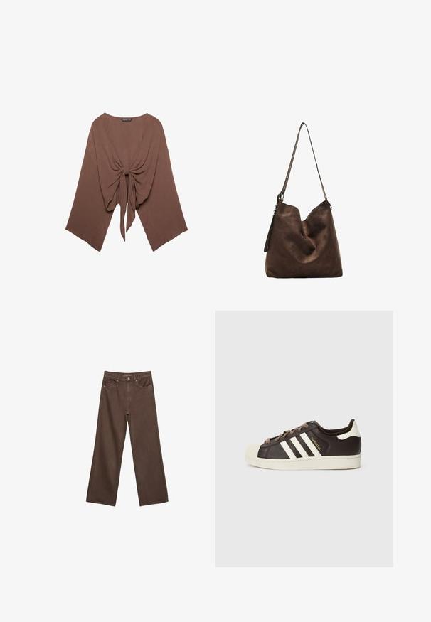 Haut marron léger et texturé avec une coupe ample, des manches larges et un détail de nœud à l'avant, arborant un col rond et un design drapé.; Jean brown à jambes larges en denim, doté d'une taille haute, de poches avant et d'une fermeture à bouton classique. Texture lisse avec des coutures subtiles.; Baskets basses Adidas Superstar en cuir marron foncé avec embout coquille crème, bandes blanches et texte "Superstar" sur le côté.; Sac hobo en suède marron avec un haut courbé, une longue bandoulière avec des accents de points, et une texture douce. Présente un design décontracté pour une utilisation informelle.