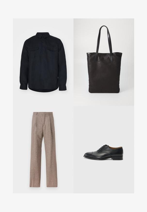 Tummansininen pitkähihaisen paidan valmistettu rakenteellisesta kankaasta, jossa on napitettava etuosa, kaksi rintataskua ja klassinen kaulus.; Ruskejat, korkeavyötäröiset housut, jotka on valmistettu teksturoidusta kankaasta. Ominaisuuksina ovat leveät lahkeet ja kaksi etupuolelle ommeltua laskosta rakenteen tukemiseksi. Siisti viimeistely ilman näkyvää metalliosaa.; Mustat nahkakengät, joissa on sileä pinta, pyöreä kärki, viisi rei'itystä nauhoja varten ja matala lohko korko. Minimalistinen muotoilu hienovaraisella ompelulla.; Mustat kangaskassit mustilla nahkahandleilla. Yksinkertainen muotoilu, tilava runko ja sileä pinta. Ei näkyviä logoja tai kuvioita.