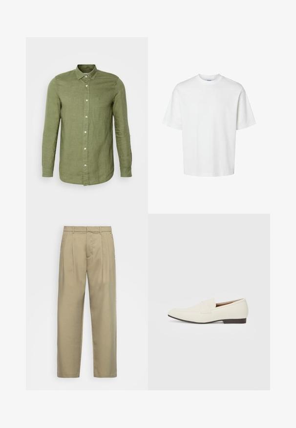 Długa bluzka w kolorze oliwkowym z lnu, z długim rękawem i kołnierzykiem zapinanym na guziki, z białymi guzikami i luźnym krojem. Teksturowana tkanina, dopasowane mankiety.; Biała bawełniana koszulka z krótkim rękawem, okrągłym dekoltem i luźnym krojem. Gładka struktura bez widocznych wzorów czy akcentów.; Beżowe, wysokie spodnie o prostym kroju, z płaskim przodem, bocznymi kieszeniami i gładkim, teksturowanym materiałem.; Jasne beżowe mokasyny z wąskim noskiem, gładkim materiałem, paskiem na wierzchu stopy oraz niską brązową podeszwą. Prosty design z minimalnymi akcentami.
