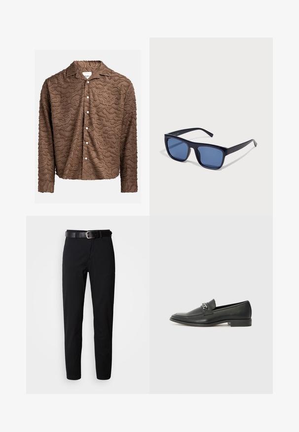 Brązowa koszula z długim rękawem zapinana na guziki, wykonana z lekkiego materiału, z teksturowanym, spiralnym wzorem i białymi guzikami z przodu.; Czarne spodnie o prostym kroju, z gładką teksturą i czarnym skórzanym paskiem z srebrną klamrą. Prosty design, bez wzorów czy akcentów.; Czarne skórzane mokasyny o gładkim wykończeniu, z haftowanym wzorem i dekoracyjnym akcentem z metalowego łańcucha na wierzchu. Płaska pięta.; Czarne plastikowe okulary przeciwsłoneczne z prostokątnymi oprawkami, niebieskimi soczewkami i cienkimi zausznikami, z błyszczącym wykończeniem.; Pier One - Zegarek