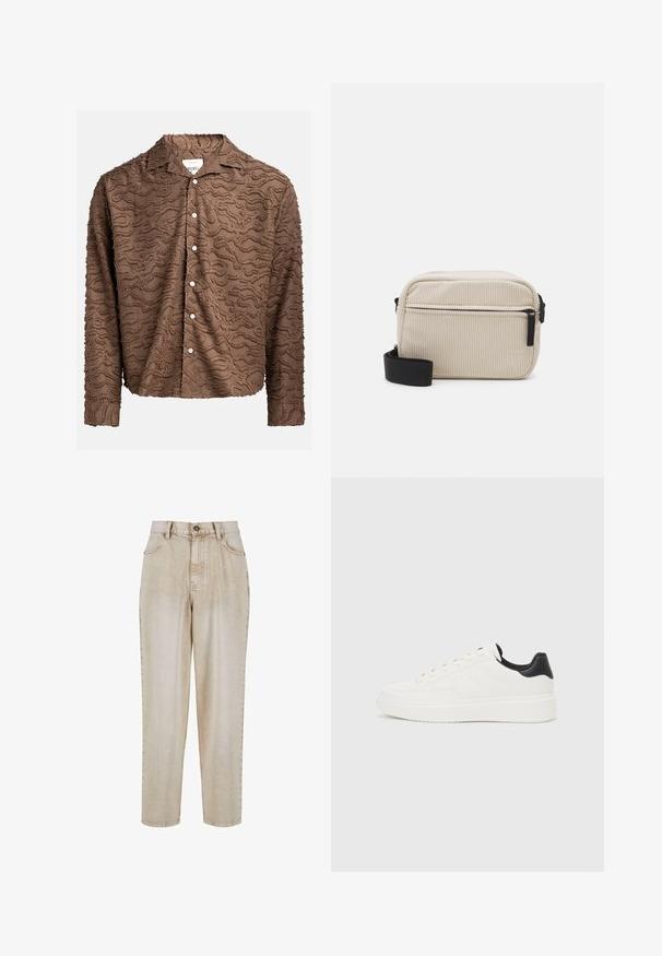 Brūnas pogas krekls ar teksturētu vijīgu rakstu, viegls audums, garas piedurknes un baltas pogas priekšā aizdarei.; Bežīgas denim bikses ar taisnu piegriezumu, priekšējām kabatām un augšējo pogu aizdari. Iezīmētas ar izšūtu detaļām gar šuvēm.; Baltas ādas sporta apavi ar iegravētu rakstu, strukturētu baltu starpzoli un melnu papēža akcentu. Iezīmējas ar apaļu purngali un plakaniem auklām.; Kremkrāsas korsētas pleca soma ar melnu rāvējslēdzēju, noņemamu siksnu un teksturētu rakstu. Ietver vienu galveno nodalījumu un priekšējo kabatu.