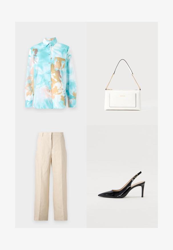 Cămașă cu mâneci lungi, culoare albastru deschis, cu imprimeu floral abstract în nuanțe de marron și crem. Dispune de un buzunar în față și închidere cu butoane.; Pantaloni din in bej cu croială lejeră, cu față pliată și picioare drepte. Prezintă un brâu cu bucle pentru curea și fără buzunare vizibile.; Pantofi slingback din piele patent neagră, cu vârful ascuțit, tocul subțire și un design discret cu decupaj. Se evidențiază printr-un cataramă aurie pe curea.; Geantă de mână din piele albă cu un finisaj texturat, având o curea din lanț aurie și accente negre. Include un buzunar frontal și închidere cu fermoar.