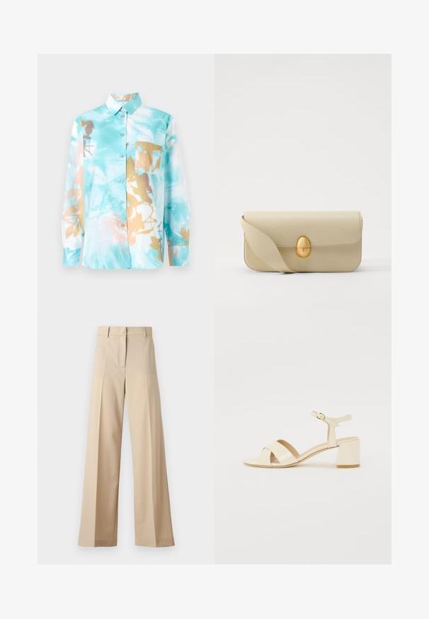 Hellblaues langärmliges Hemd mit Kragen und abstraktem Blumenmuster in Braun und Creme. Mit Brusttasche und Knopfverschluss.; Beige weite Hosen aus glattem Stoff, mit einem flachen Vorderteil mit Falten, einem Reißverschluss und Gürtelschlaufen. Insgesamt eine taillierte Passform.; Beige lackleder Absatzsandalen mit Kreuzriemen-Design, offener Zehenbereich, verstellbare Knöchellasche und Blockabsatz. Glatte Textur.; Beige Lederhandtasche mit glatter Textur, rechteckiger Form und einem goldenen ovalen Verschluss. Verfügt über einen langen, verstellbaren Trageriemen.