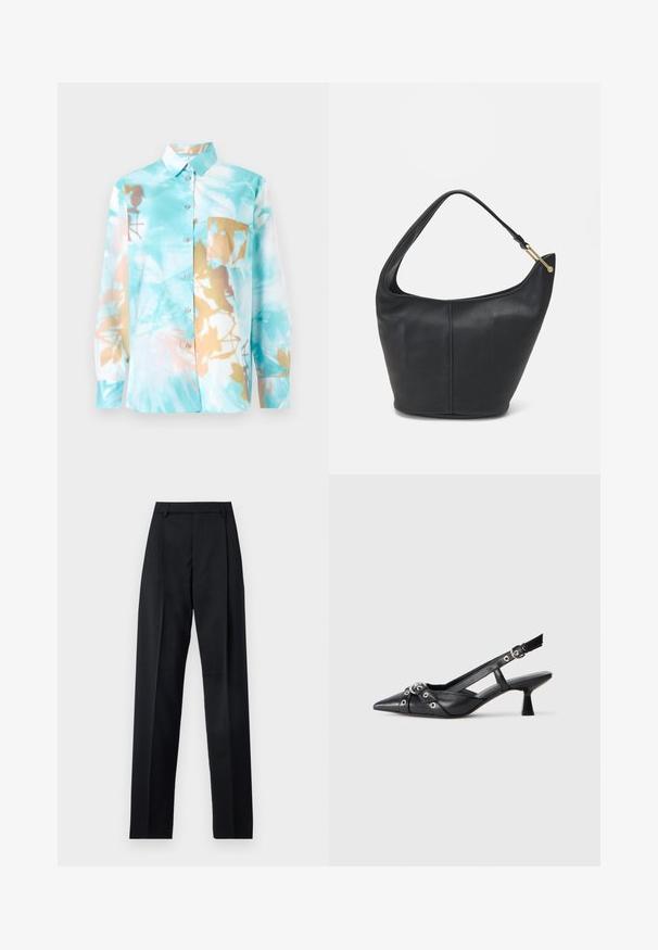 Világoskék, galléros, hosszú ujjú ing, absztrakt virágmintával barna és krém színben. Elöl zsebe és gombzáródása van.; Fekete nadrág sima anyagból, magas derékkal, széles lábakkal, elülső redőkkel és klasszikus övhurkokkal. Oldalzsebek nem láthatók.; Fekete bőr slingback cipő hegyes orral, dekoratív pántokkal, fém szemekkel és alacsony blokk sarkú. Texturált felület.; Fekete bőrtáska kerekded formával, széles pánttal és texturált felülettel. Finom varrási részletekkel és arany színű fém díszítéssel rendelkezik.