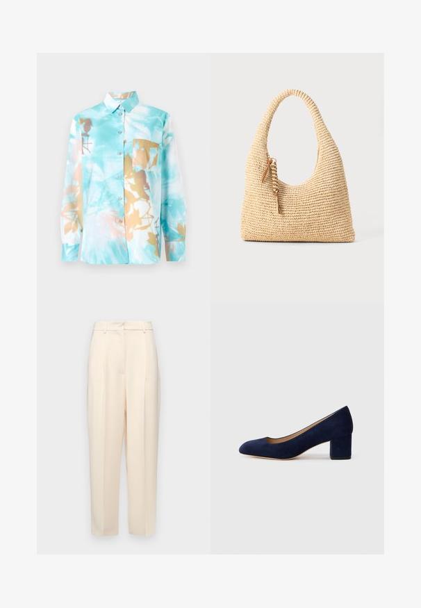 Světle modrá košile s dlouhým rukávem a límečkem, zdobená abstraktním květinovým vzorem v hnědé a krémové barvě. Obsahuje přední kapsu a zapínání na knoflíky.; Béžové kalhoty na míru se rovný fit, s plizovanými detaily na přední straně, hladkou texturou a středním pasem. Bez viditelných kapes.; Námořnicky modré semišové lodičky s špičatou špičkou a středně vysokým blokovým podpatkem. Hladká textura s jemným leskem a malým výřezem na přední části.; Tkaná béžová kabelka s zakřivenou rukojetí, texturovaným povrchem a hnědým střapcem. Má uvolněný, hobo tvar.