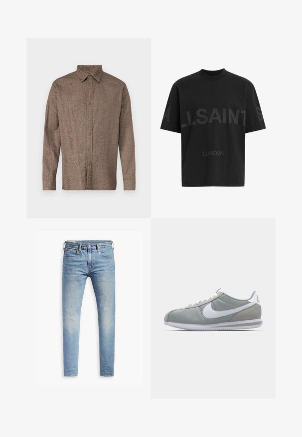 Ilgais rankovės mygtukų marškiniai, rudos spalvos raštu, su apykakle, minkšta tekstūra, penki mygtukai priekyje, apvalūs kraštai.; Juoda medvilninė marškinėliai laisvo kirpimo, priekyje didelis toninis užrašas "ALLSAINTS" ir tekstas "LONDON". Trumpomis rankovėmis, apvali apykaklė.; Šviesiai mėlyni aptempti džinsai su lengvu nudėvėjimu šlaunyse, priekyje užsegami mygtuku, su diržo kilpelėmis ir penkių kišenių stiliumi ant baltos fono.; Pilkas sportinis batelis su zomšiniais ir tekstiliniais viršutiniais paviršiais, baltas Nike swoosh ženklas ir baltos raišteliai. Yra tekstūruotas gumos padas ir paminkštinta apykaklė.