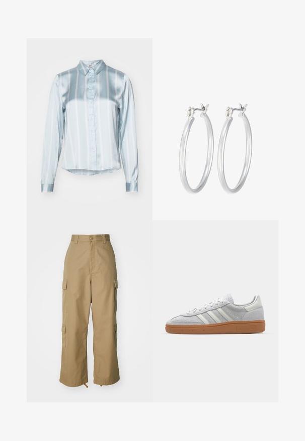 Camicia a righe blu chiaro realizzata in tessuto di satin. Presenta un colletto, chiusura frontale con bottoni e maniche lunghe con polsini lisci. Strisce orizzontali e verticali.; Pantaloni cargo beige con vita alta, gamba ampia e quattro grandi tasche laterali. Realizzati in un tessuto resistente con una texture liscia e dettagli minimi.; Sneaker in camoscio grigio chiaro con accenti in pelle bianca, tre strisce bianche e suola in gomma marrone, dotato di collo imbottito per il massimo comfort.; Orecchini a cerchio in argento con una finitura liscia e lucida. Forma rotonda e chiusura a scatto sicura. Design leggero adatto per l'uso quotidiano.