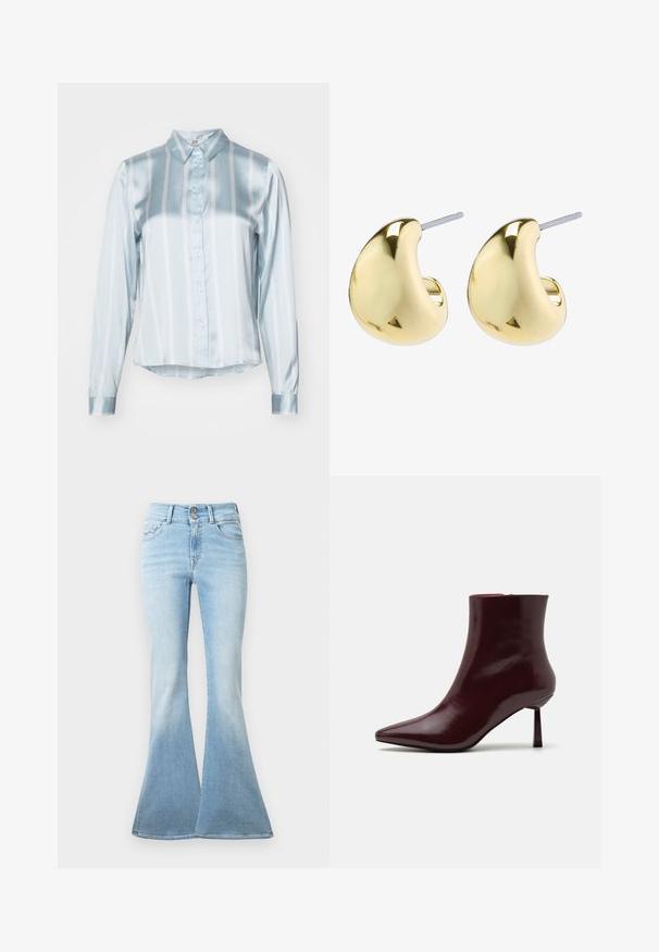 Camisa de rayas azul claro hecha de tela de satén. Cuenta con un collar, cierre de botones en la parte delantera y mangas largas con puños lisos. Rayas horizontales y verticales.; Jeans acampanados de color azul claro hechos de denim. Presentan una cintura alta con dos botones y un ligero desgaste hacia el dobladillo. Diseño clásico de cinco bolsillos.; Botín de charol burdeos con punta afilada y tacón de aguja delgado, que presenta una textura suave y brillante y un diseño minimalista.; Pendientes de color dorado con una forma suave y redondeada, que cuentan con una superficie reflectante y un cierre de palanca para un uso seguro.