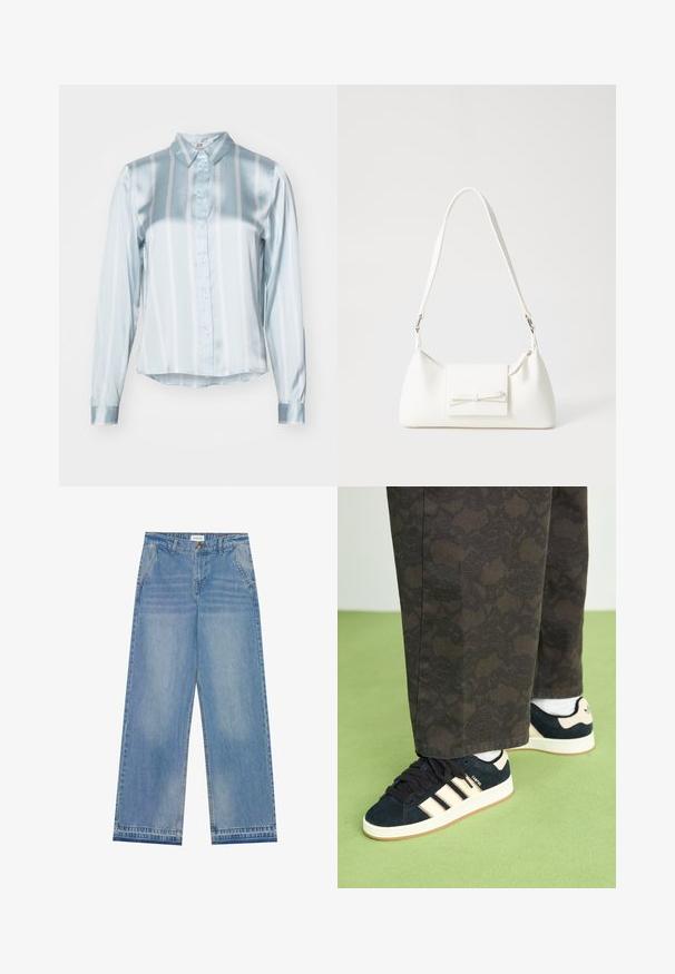 Light blue striped shirt made of satin fabric. Features a collar, button front, and long sleeves with smooth cuffs. Horizontal and vertical stripes.; Light blue high-waist wide-leg jeans with a button closure, front pockets, belt loops, and subtle faded detailing.; Black and patterned trousers paired with navy suede sneakers featuring cream stripes and white soles. Surfaces shown are textured and flat.; White synthetic handbag with a triangular shape, flat front flap and bow detail, adjustable strap, smooth texture, and minimalistic design.