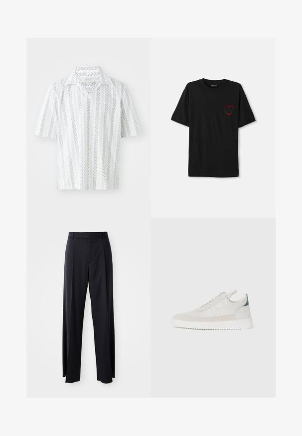 Kurzarmhemd aus weißem Stoff mit dünnen, navyblauen vertikalen Streifen und gepunkteten Mustern. Verfügt über einen klassischen Kragen und eine lockere Passform.; Schwarzes Baumwoll-T-Shirt mit kurzen Ärmeln, das ein rotes gesticktes Herzdesign auf der linken Brust zeigt. Klassischer Rundhalsausschnitt, lockere Passform.; Schwarze, hoch taillierte Hose mit weitem Bein, aus glattem Stoff. Verfügt über vorne gelegte Falten und Gürtelschlaufen. Minimalistisches Design, ohne sichtbare Beschläge.; Weiße Leder-Sneaker mit grauen Wildleder-Akzenten, Schnürdesign, Zuglasche und strukturiertem Gummisohle mit Zickzackmuster.